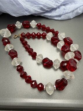 Vintage Arthur David  Red and Clear Faceted Bead Necklace #25SN